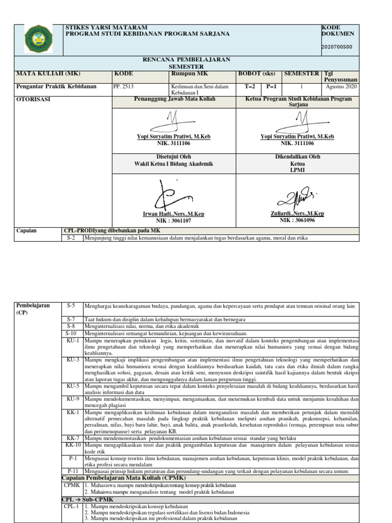 RPS Pengantar Praktik Kebidananvta 2020-2021 | PDF