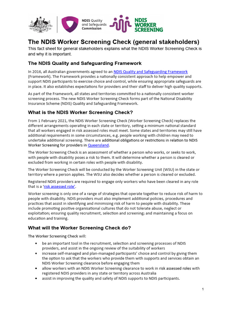Fact Sheet Ndis Worker Screening Check General Stakeholders PDF