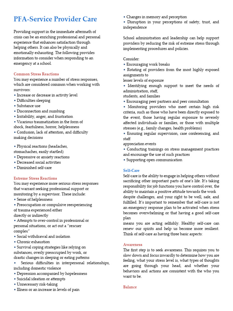 PFA Service Provider Self Care | PDF | Stress (Biology) | Psychological ...