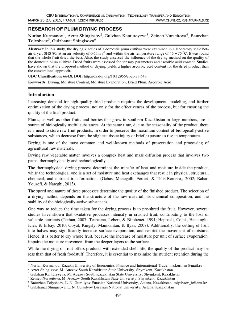 Research of Plum Drying Process PDF Evaporation Odor