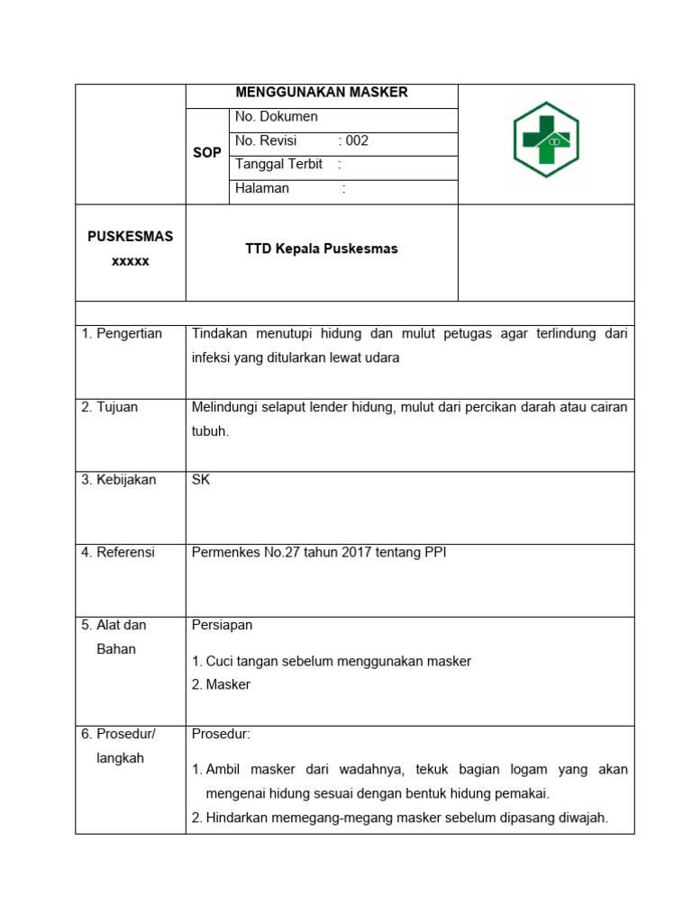 SOP Penggunaan Masker di Puskesmas | PDF