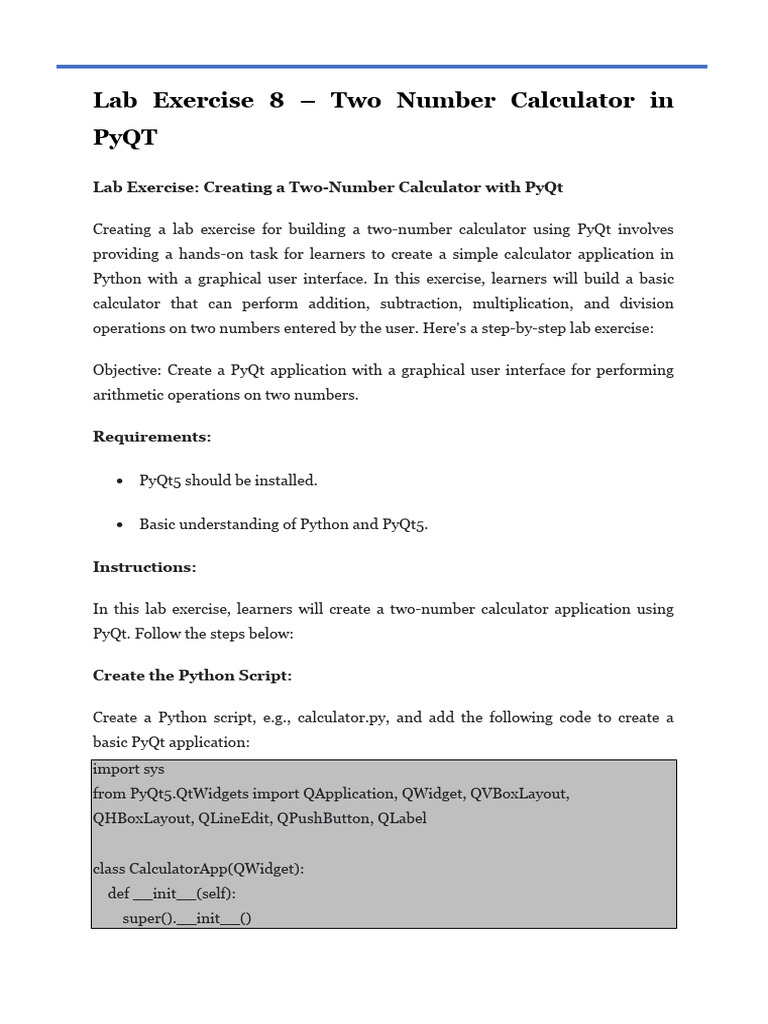Lab Exercise 8 (Two Number Calculator in PyQT) | PDF | Computer ...