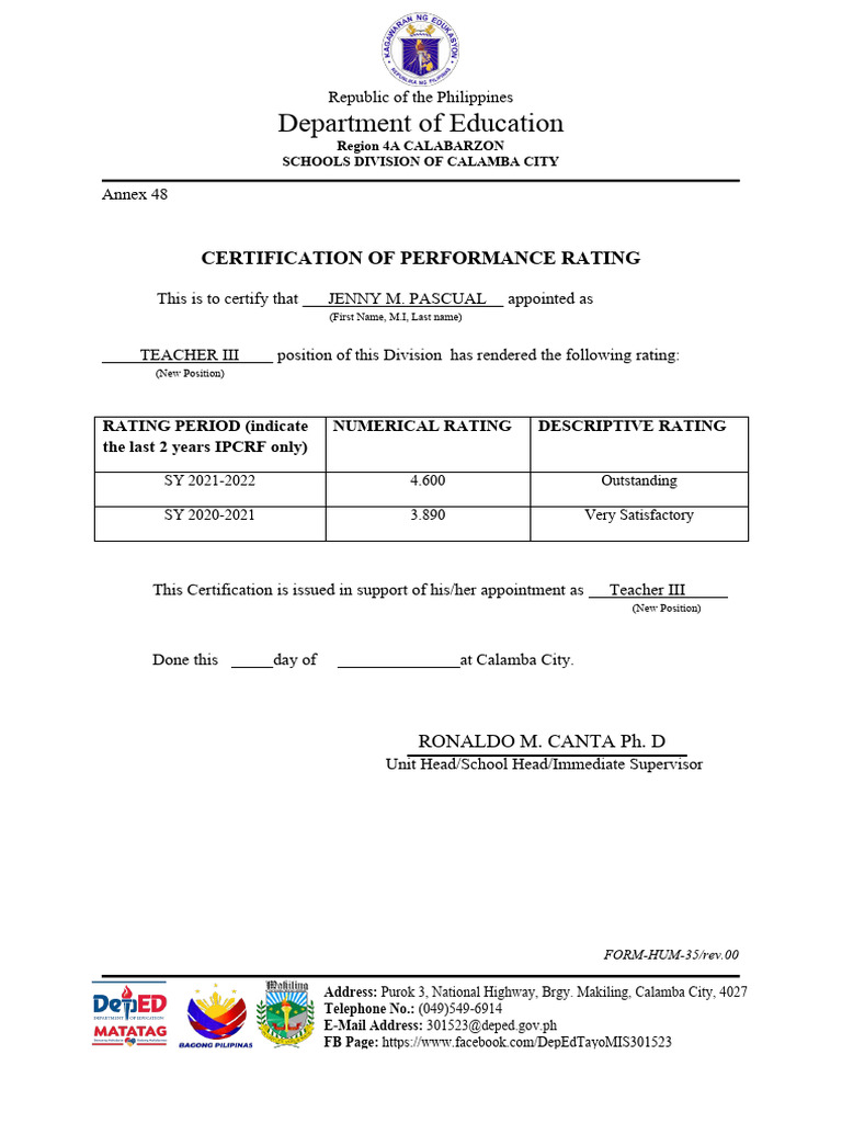 Certification of Performance Rating | PDF