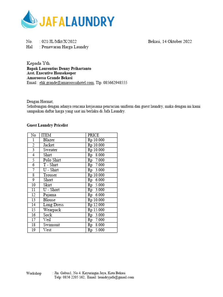Contoh Surat Penawaran Jasa Laundry Hote PDF