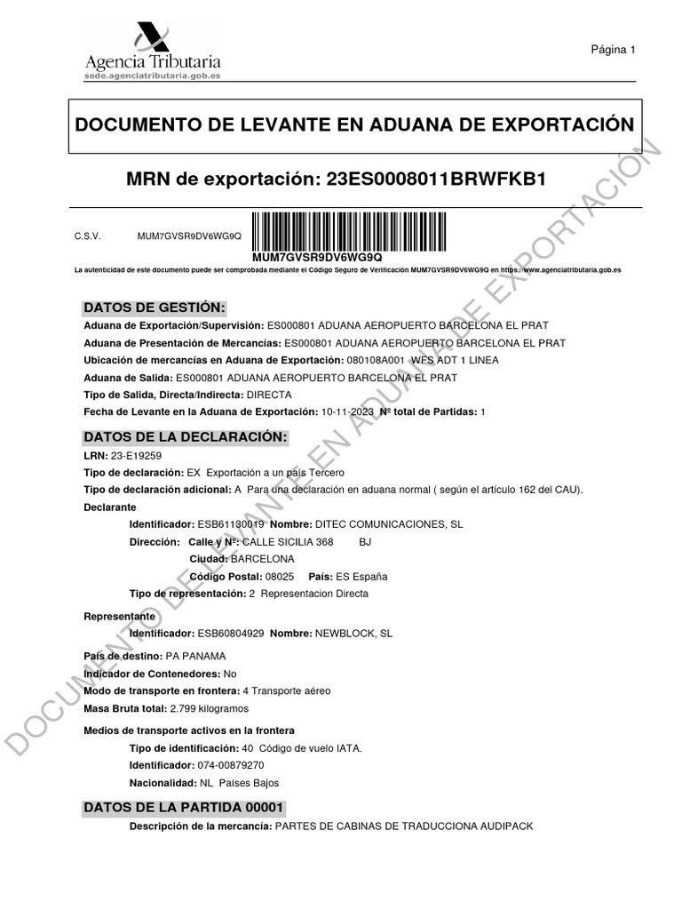 E 23E19259 Aeat Lev PDF aduana Servicios públicos