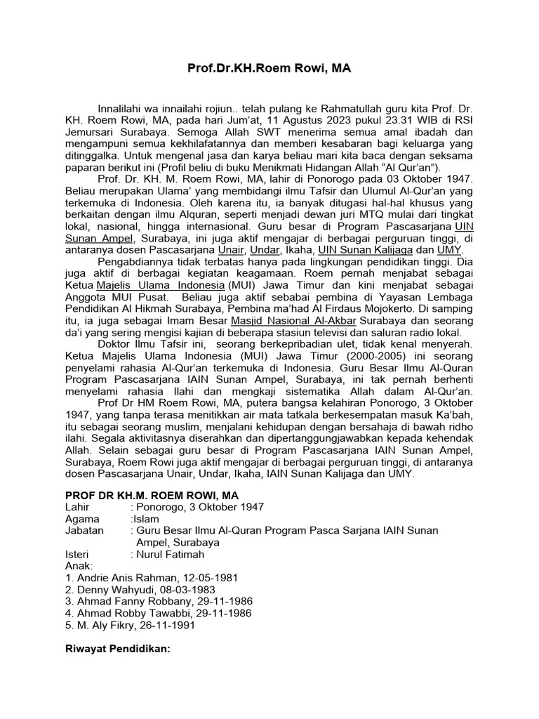 Mengenang Prof. Dr. KH. Roem Rowi | PDF | Perjalanan | Kajian Bahasa Asing