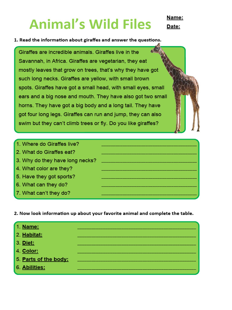 giraffes-description-reading-comprehension-exercises-97274-pdf