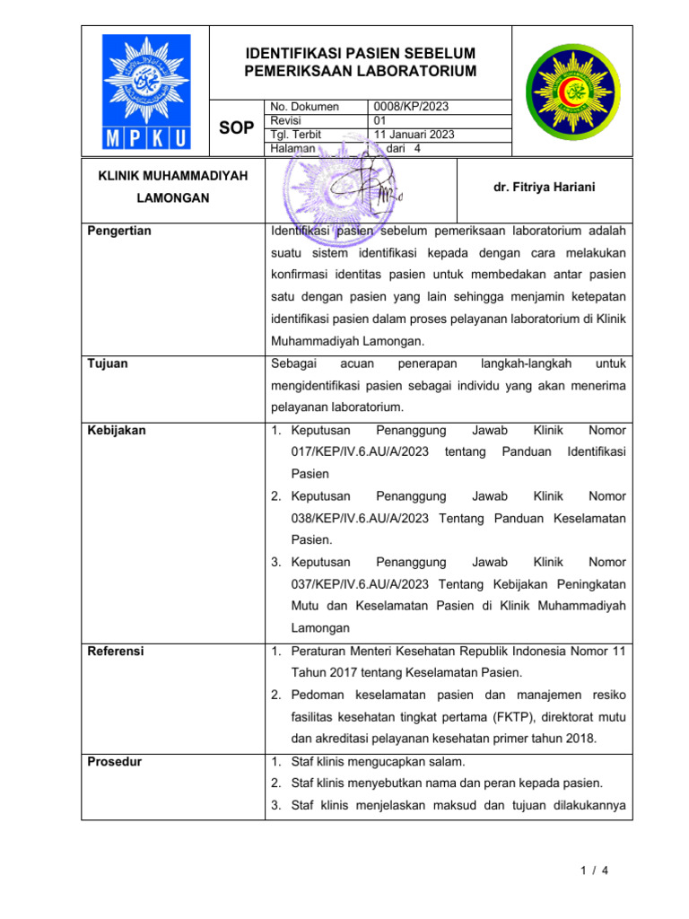 Prosedur Identifikasi Pasien Laboratorium | PDF | Pengembangan Diri