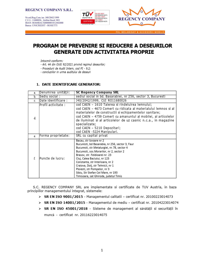 Program de Reducere Deseuri Generate REGENCY COMPANY - SRL - 2022 | PDF