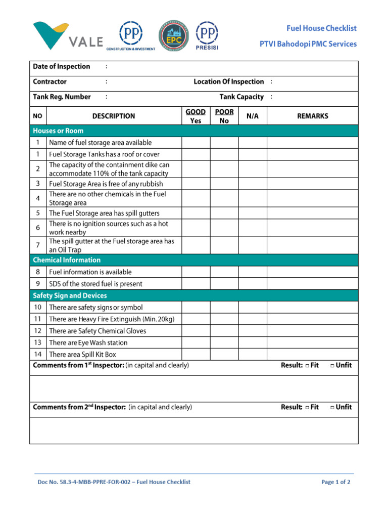 58.34MBBPPREFOR002 Fuel House Checklist PDF