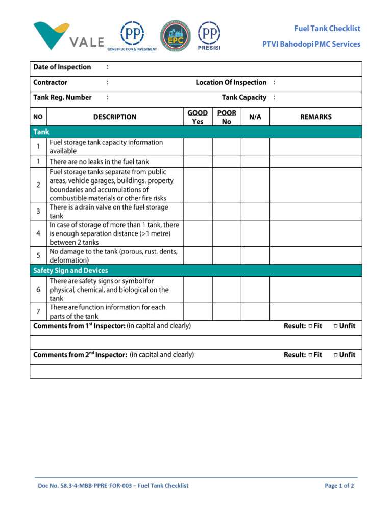 58.34MBBPPREFOR003 Fuel Tank Checklist PDF
