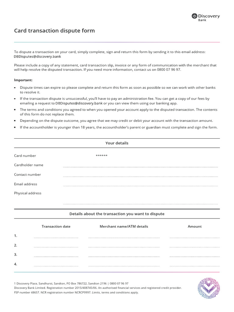 Card Transaction Dispute Form | PDF | Credit Card | Debit Card