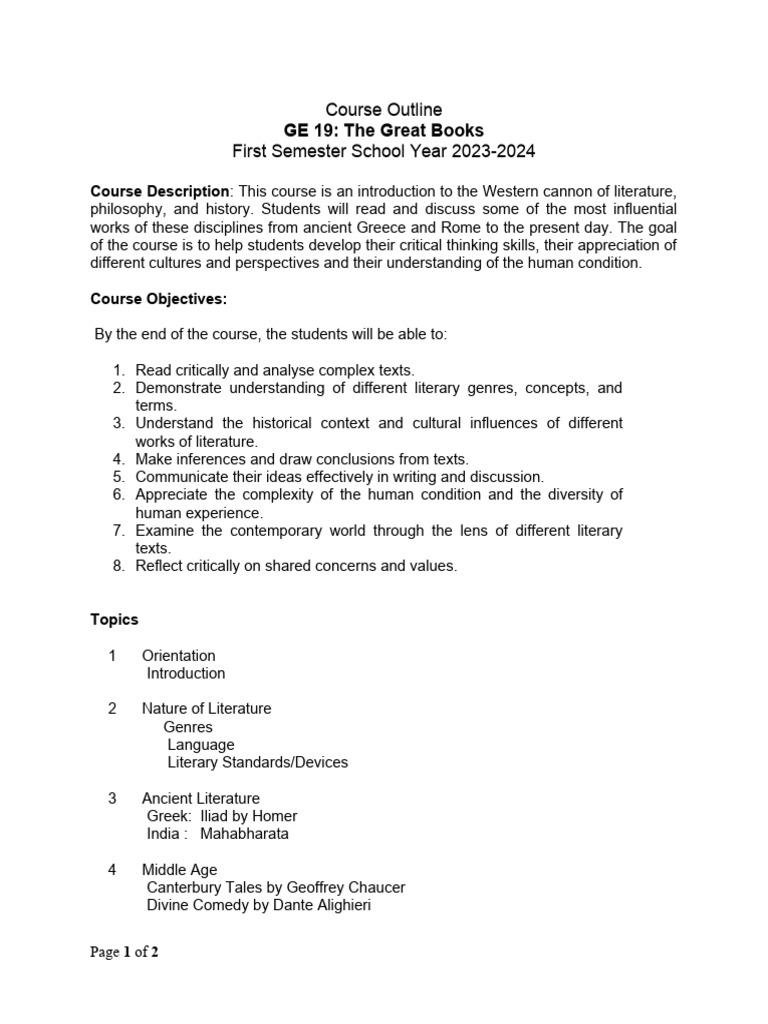 Great Books Course Outline PDF Romanticism