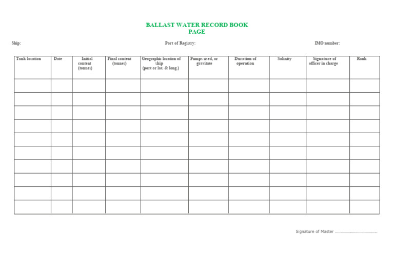 Ballast Water Record Book Ship Port of Registry IMO Number PDF