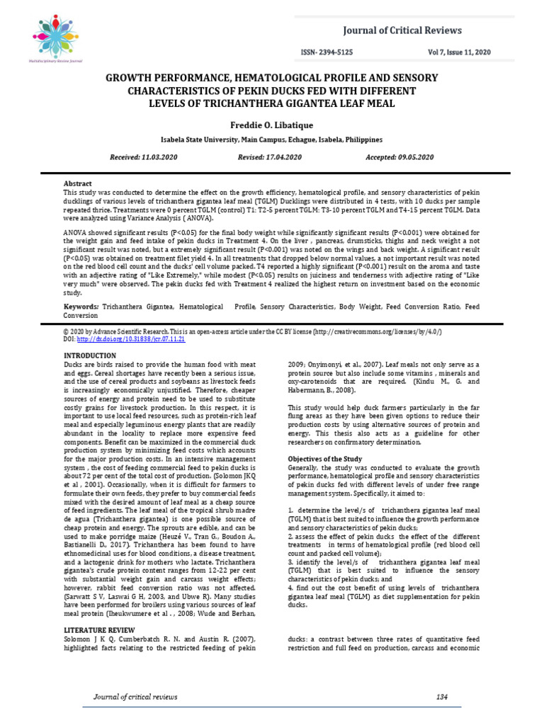 Growth performance hematological profile pdf analysis of variance