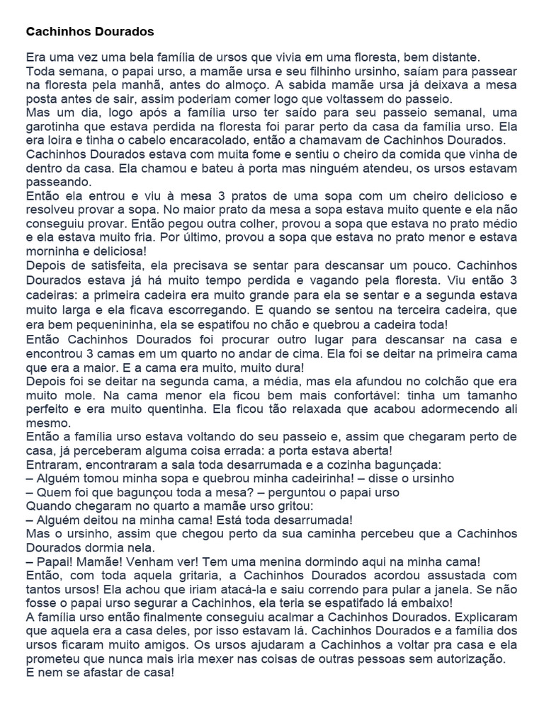 Cachinhos Dourados Pdf Cachinhos Dourados E Os Três Ursos