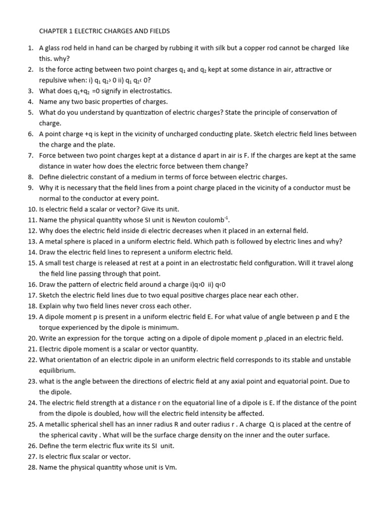 Electric Charges and Fields Practice Questions | PDF | Electric Field ...