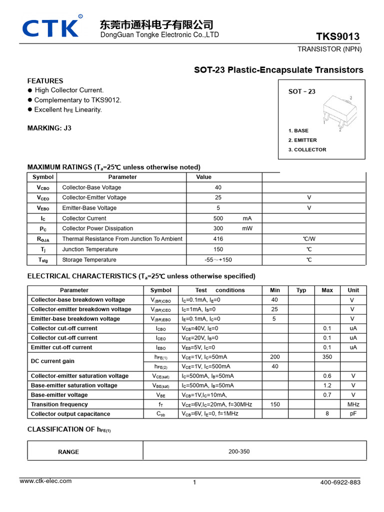 CTK TKS9013 PDF Bipolar Junction Transistor Materials Science