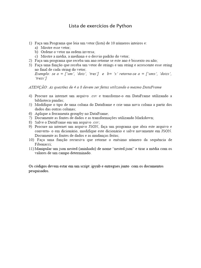 Lista de Exercícios em Python | PDF | Métodos e Materiais de Ensino ...
