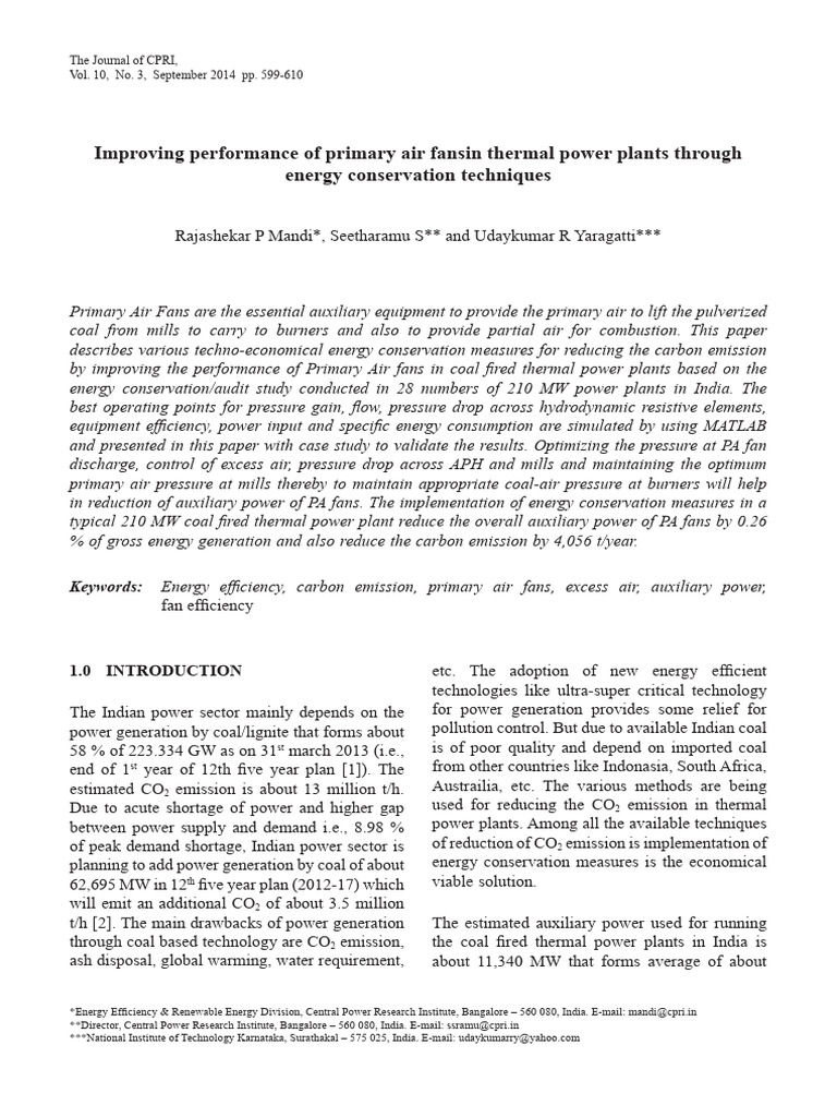Energy Conservation in Thermal Power Fans | PDF | Power Station | Coal