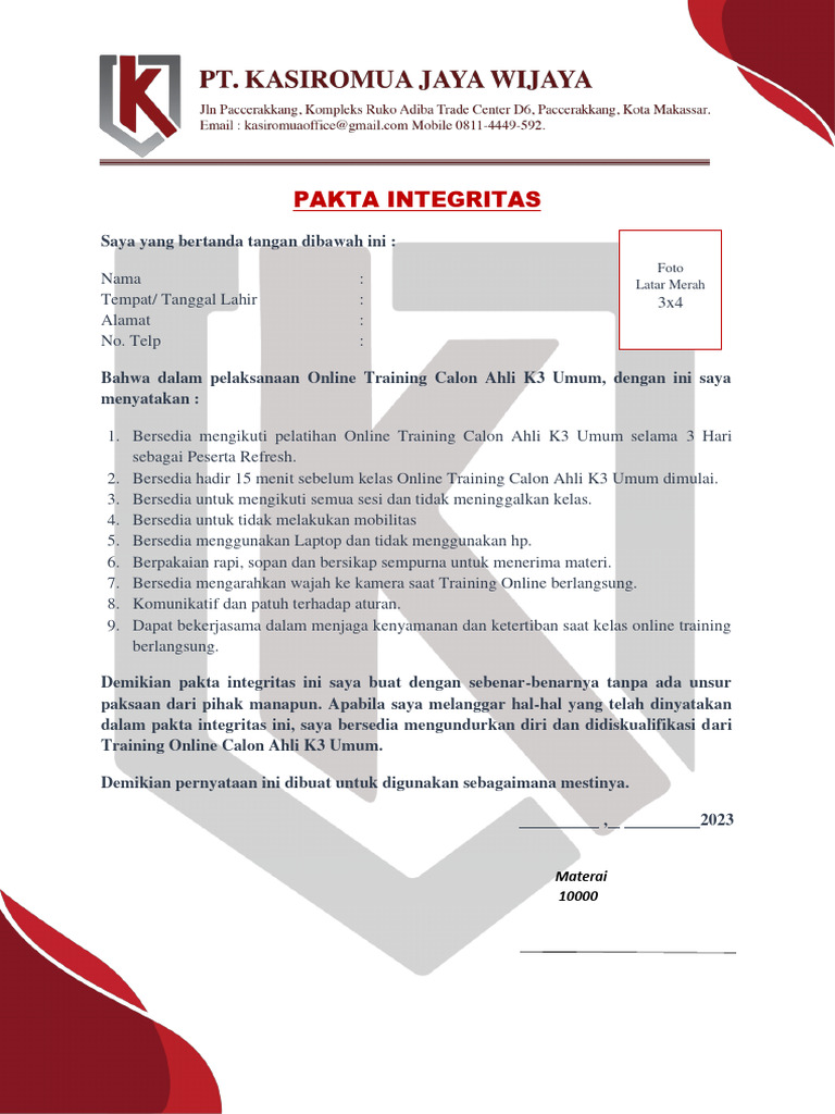 Pakta Integritas Pelatihan K3 Umum | PDF