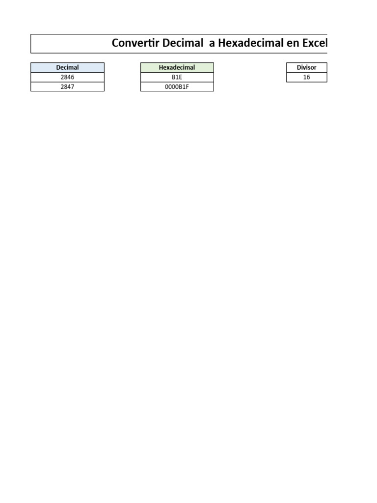 Decimal a hexadecimal en excel pdf