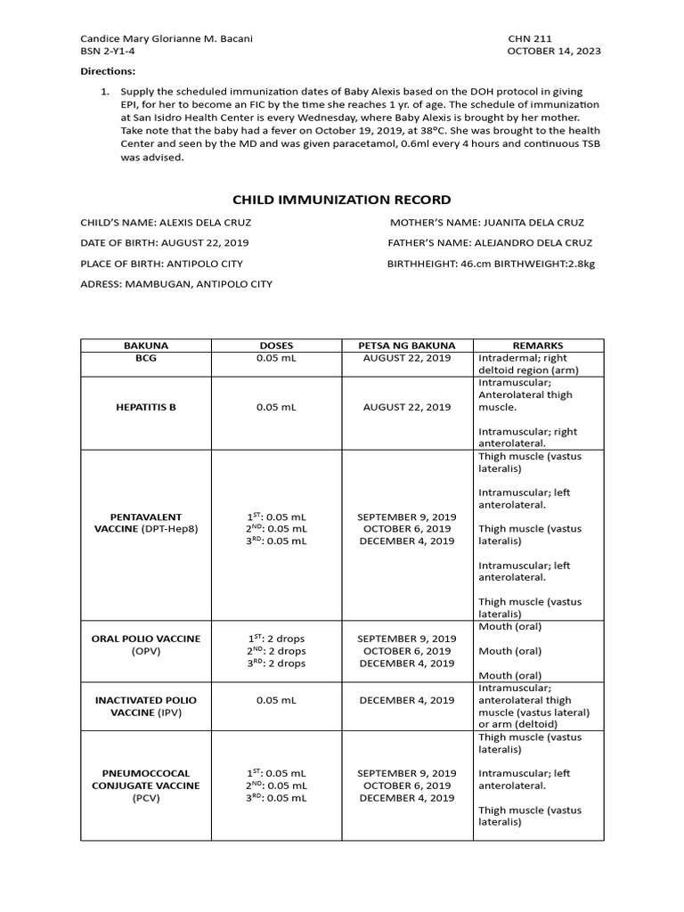 Baby Alexis Immunization Schedule | PDF | Vaccines | Medical Specialties