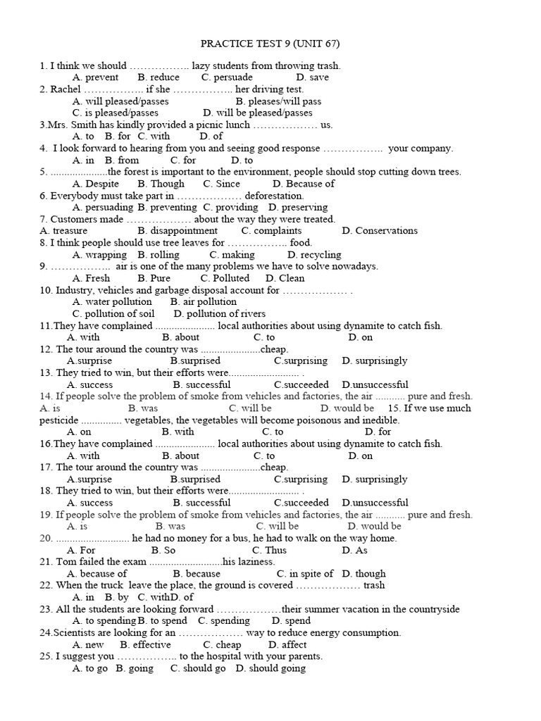 Practice Test 9 Unit 67 112202021 | PDF | Waste | Air Pollution