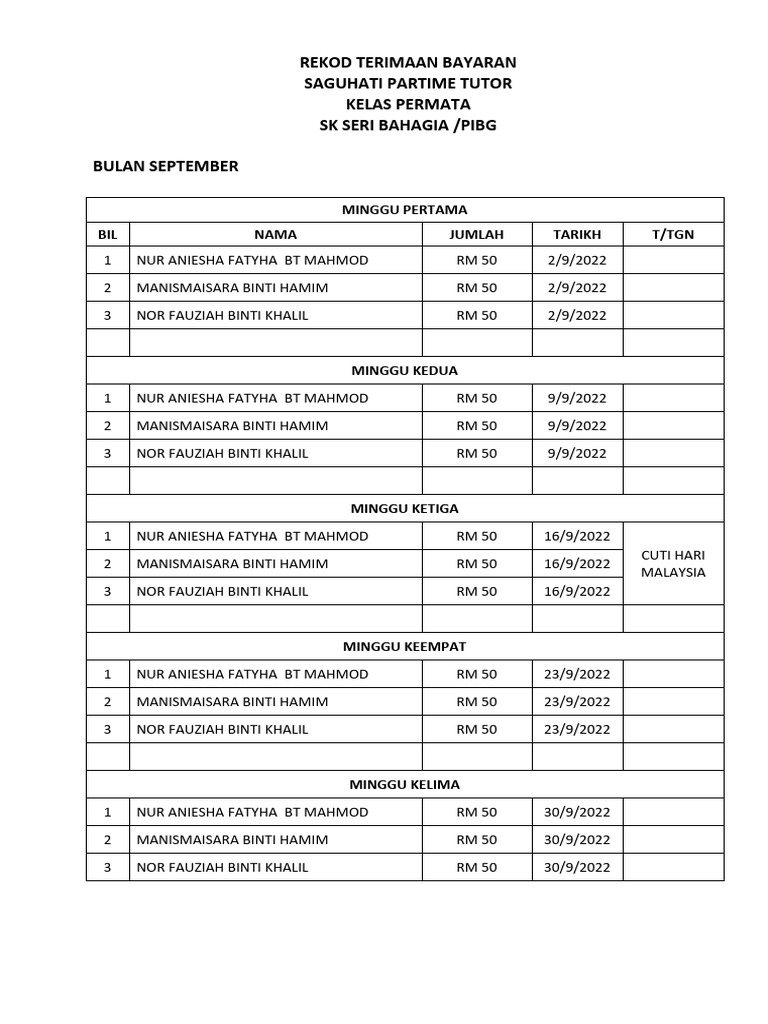 Rekod Pembayaran Tutor Kelas Permata | PDF