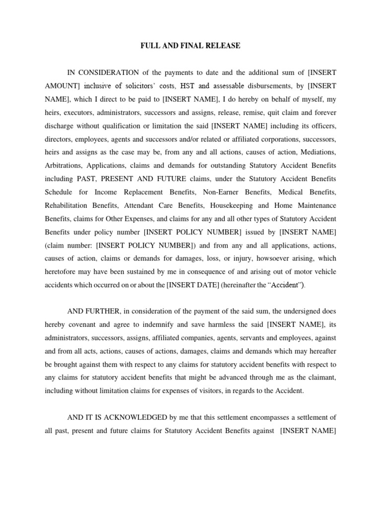 Full and Final Release PDF Damages Indemnity