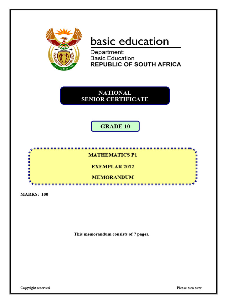 Mathematics P1 GR 10 Exemplar 2012 Memo Eng | PDF | Mathematics
