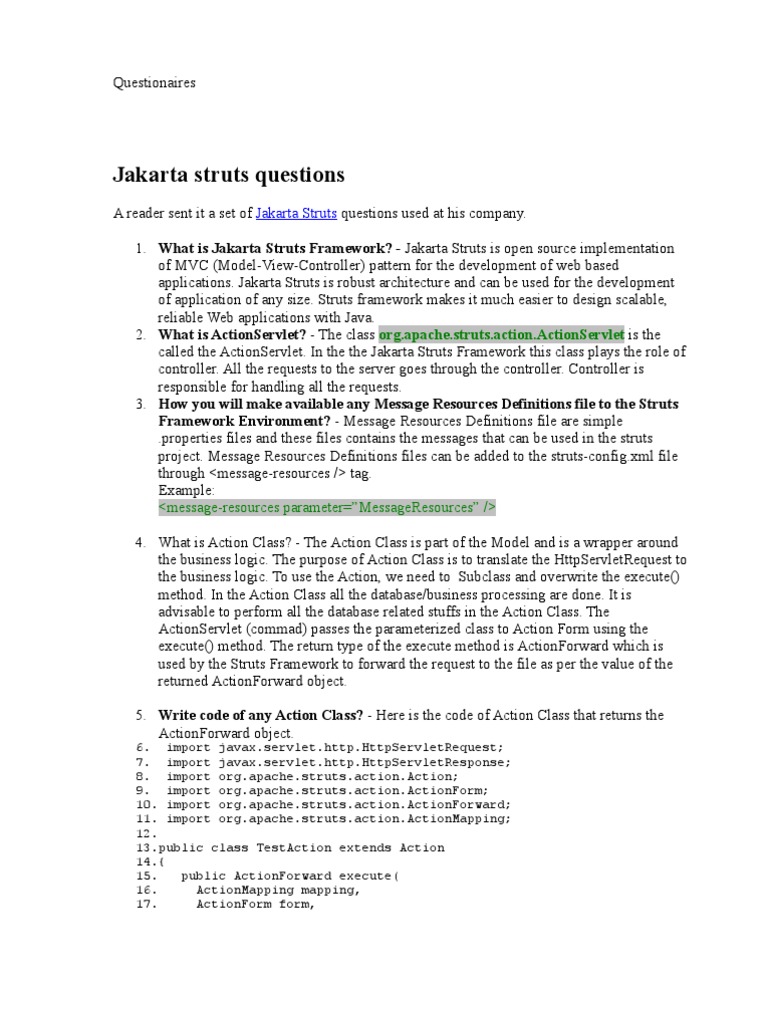 Jakarta Struts Questions PDF Enterprise Java Beans Method