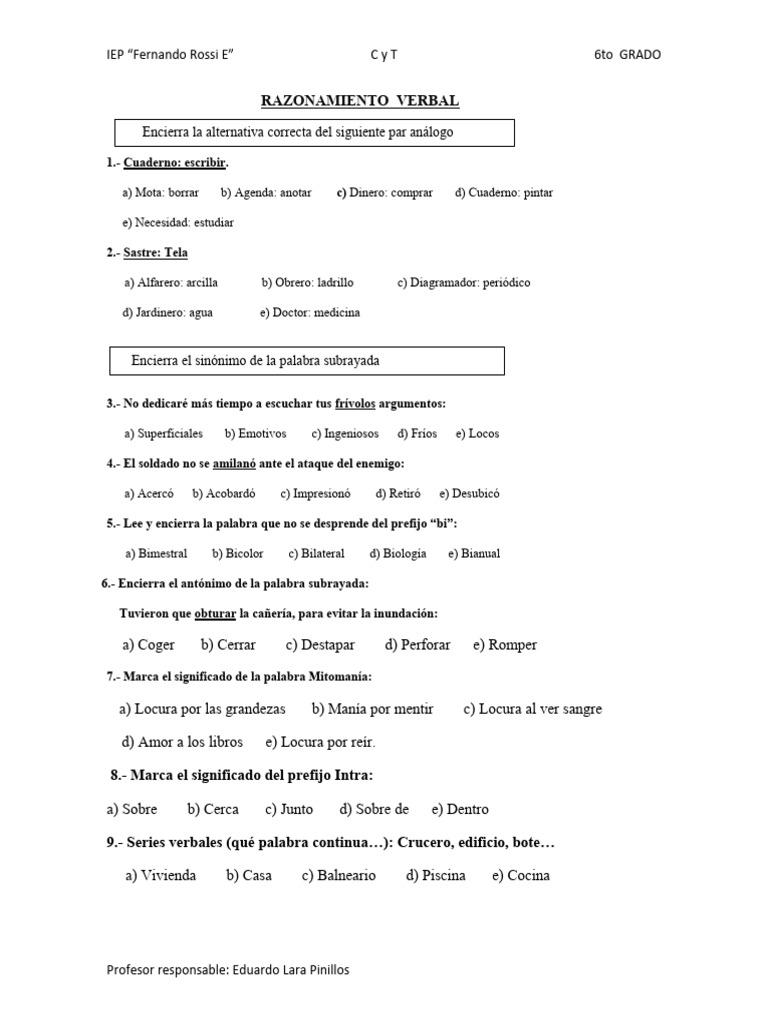 Razonamiento Verbal y Matemático 6to Grado | PDF