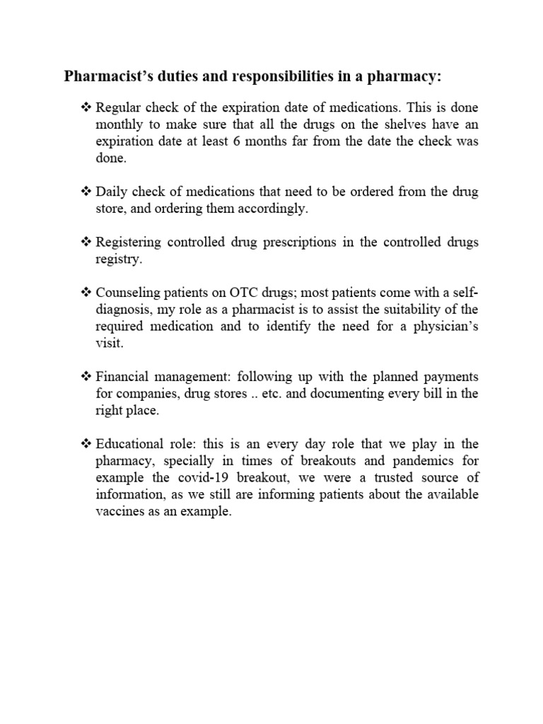 Pharmacist's Duties and Responsibilities in A Pharmacy PDF