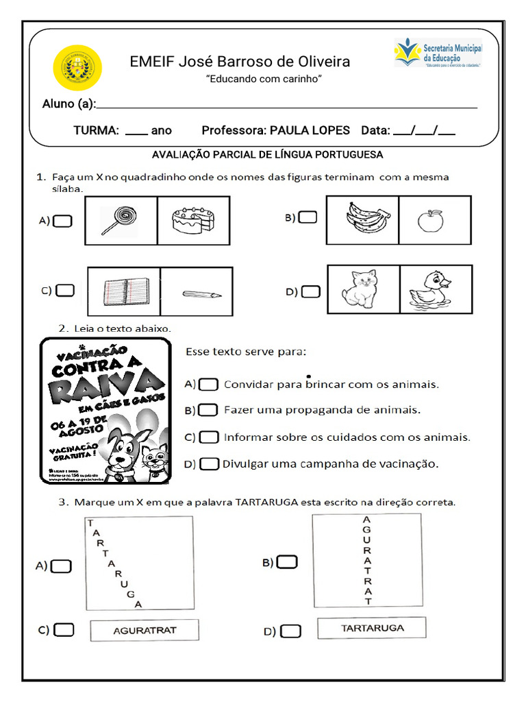 Avaliação Parcial de Língua Portuguesa 2 Ano | PDF
