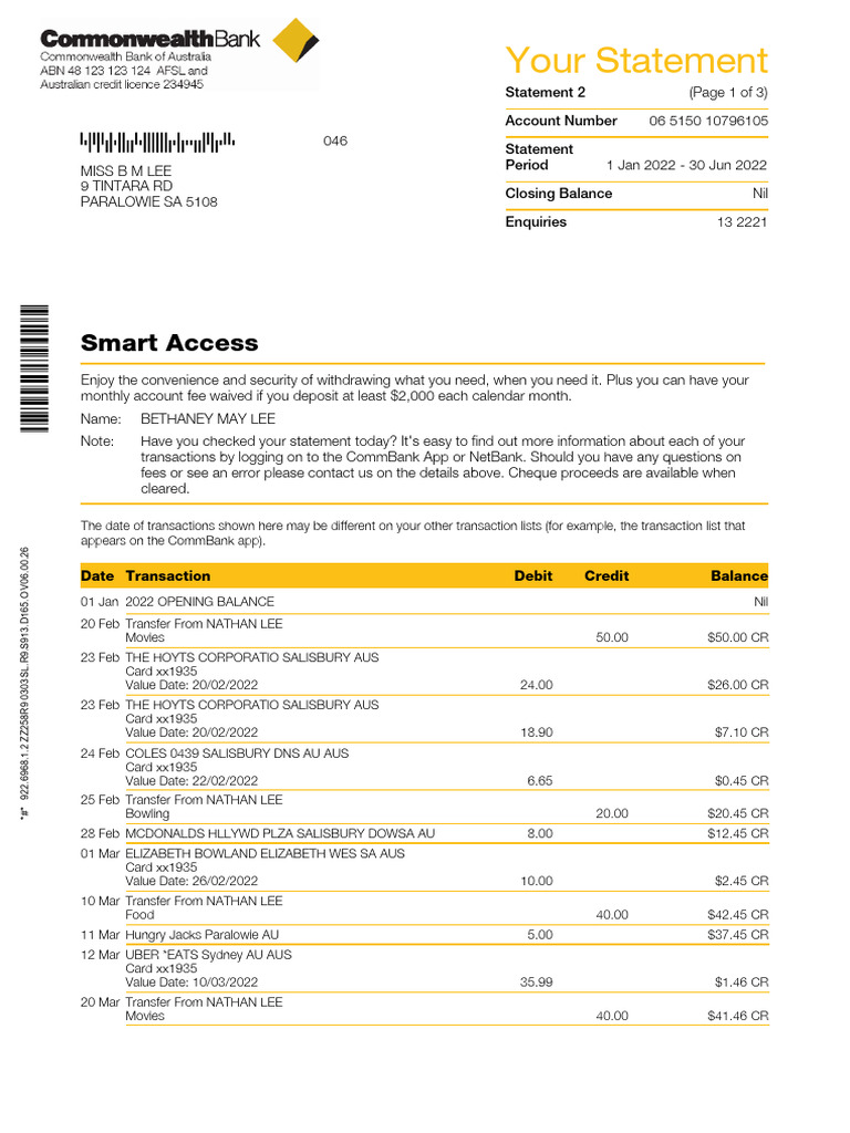 CommBank Smart Access Account Statement | PDF | Debits And Credits ...