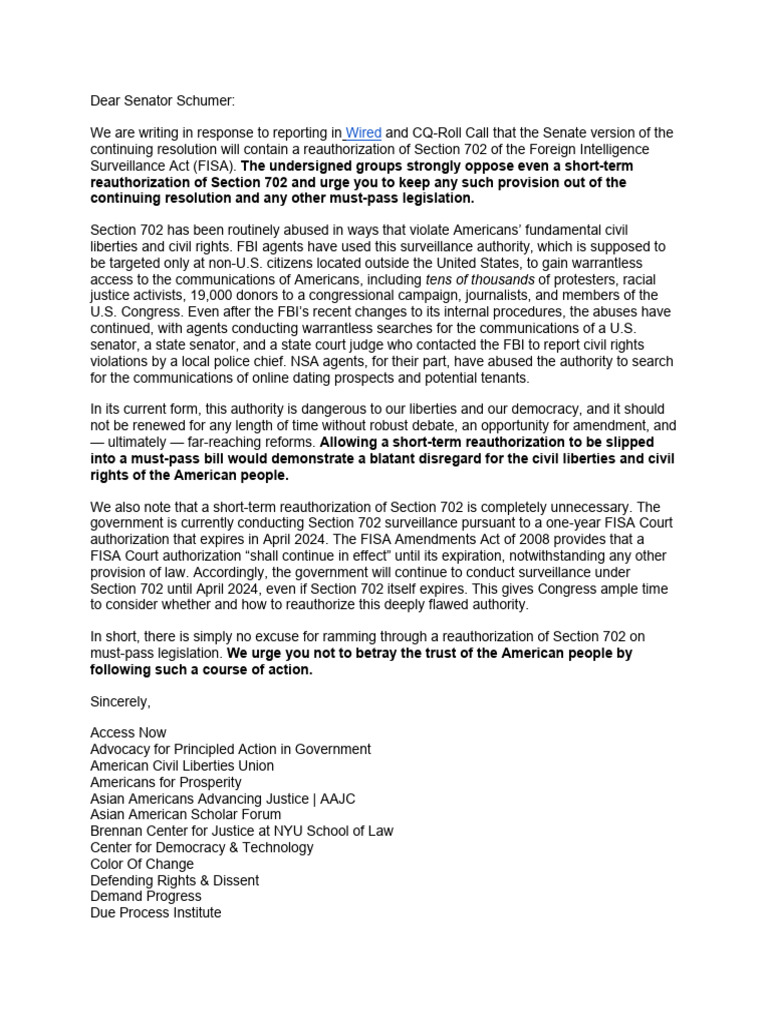 Coalition Letter To Senator Schumer 11.13.23 | PDF | Foreign ...