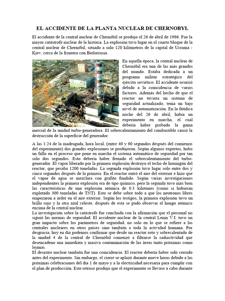 El Accidente de La Planta Nuclear de Chernobyl | PDF | Desastre de ...