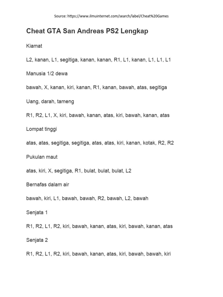Cheat Senjata GTA San Andreas PS2 PDF