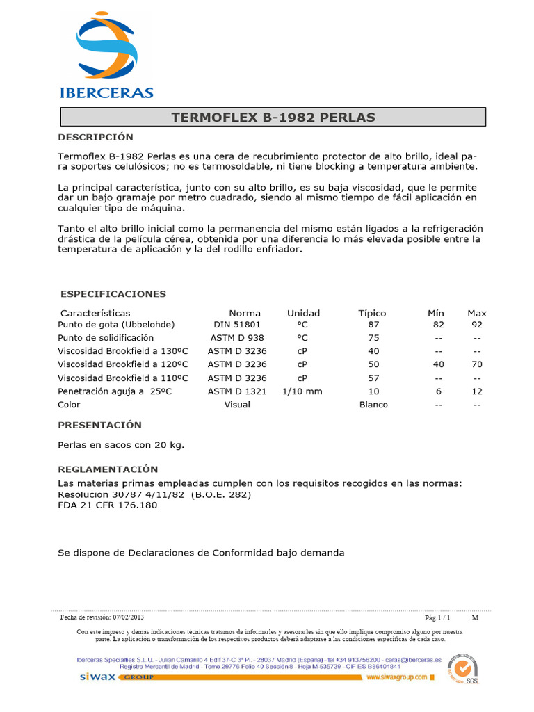 Cera Termoflex B-1982: Especificaciones y Uso | PDF | Ciencias fisicas