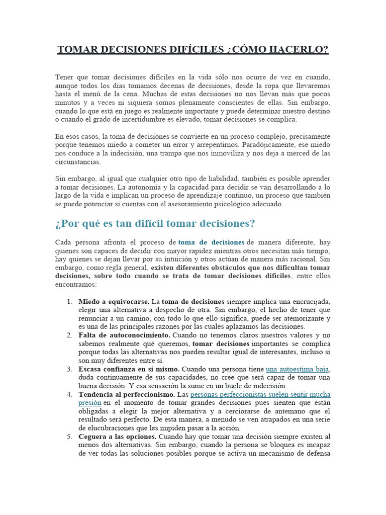 Tomar Decisiones Difíciles | PDF | Toma de decisiones | Ciencia cognitiva