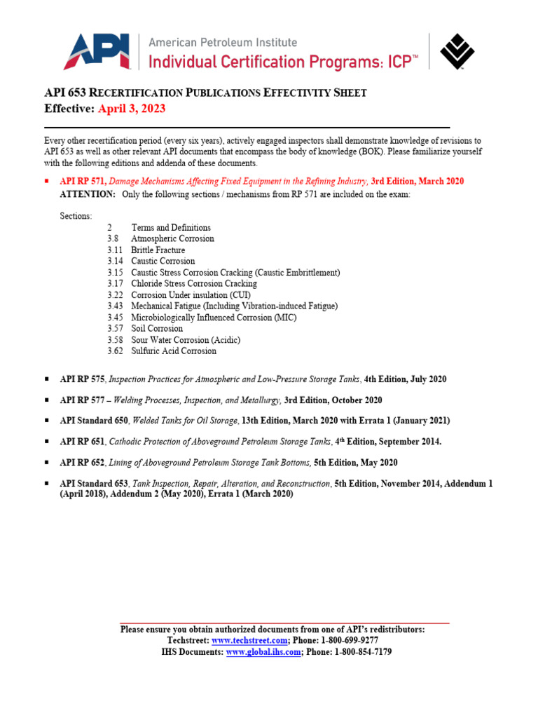 API 653 Recertification Guidelines 2023 | PDF