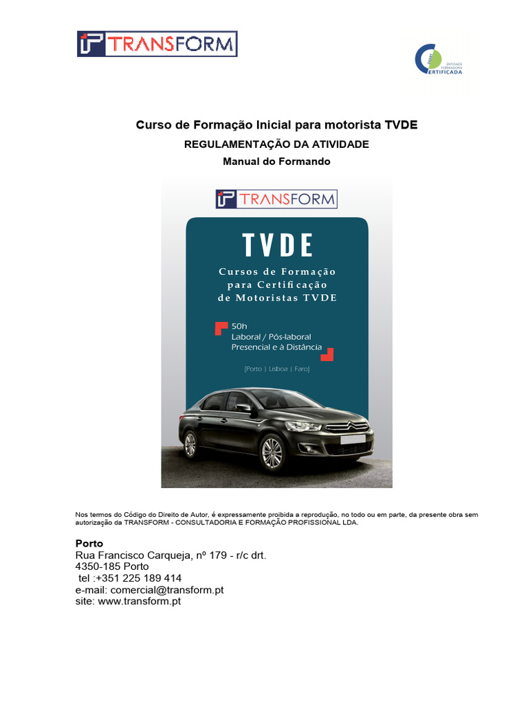 Curso de Formação Motorista TVDE | PDF | Dirigir | Placa de registro de ...