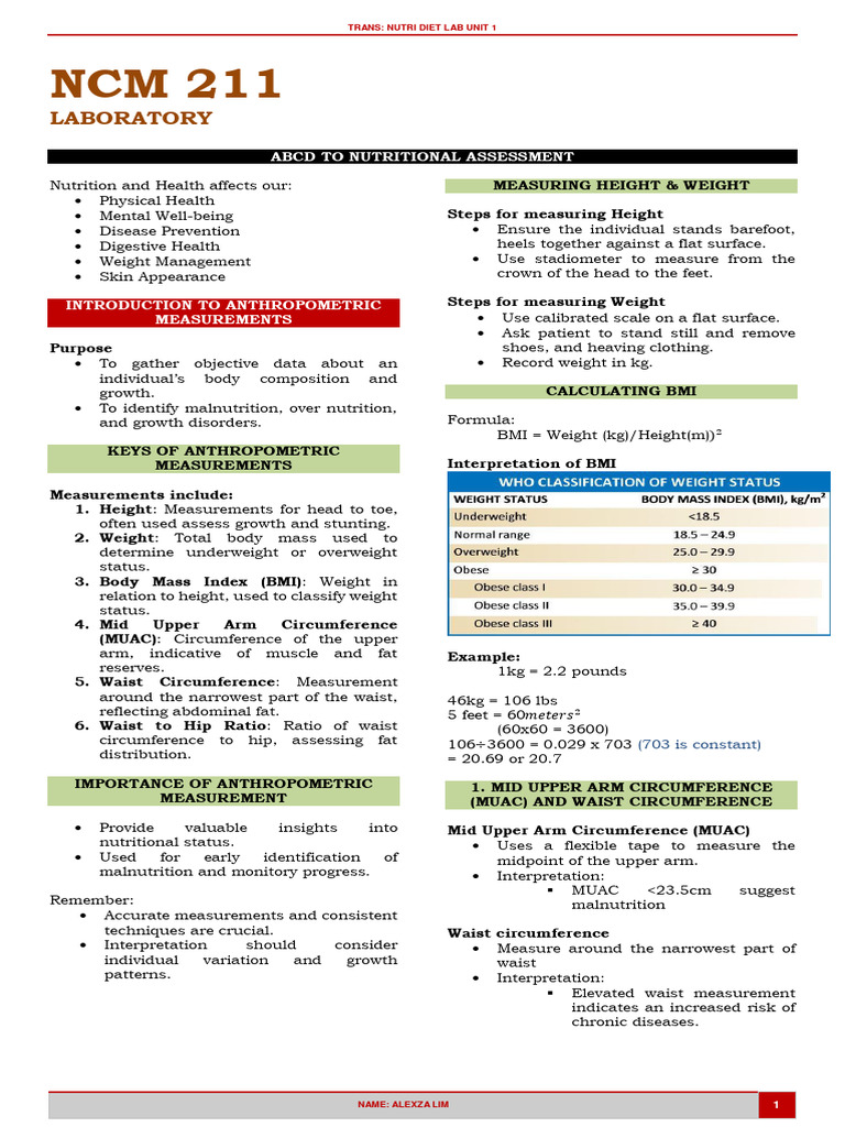 ABCD To Nutritional Assessment Laboratory | PDF | Body Mass Index | Waist