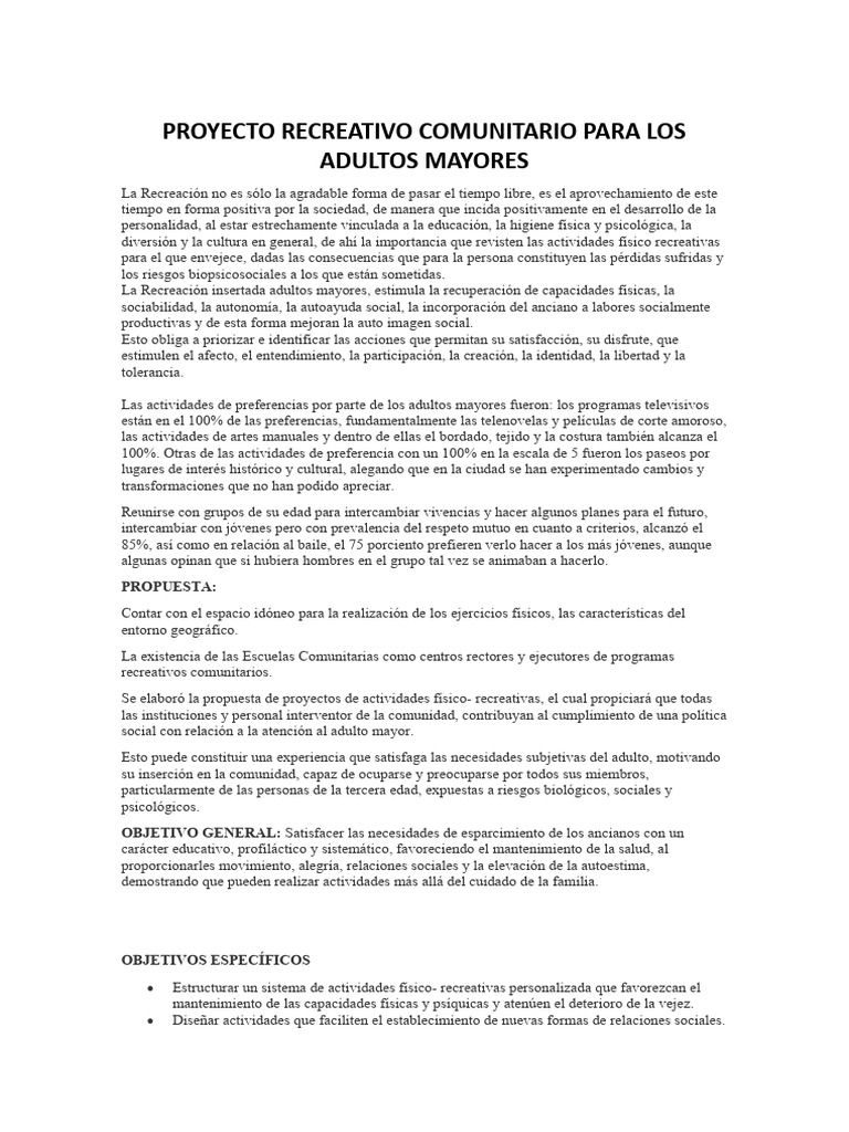 PROYECTO RECREATIVO COMUNITARIO PARA LOS ADULTOS MAYORES | PDF | Vejez ...