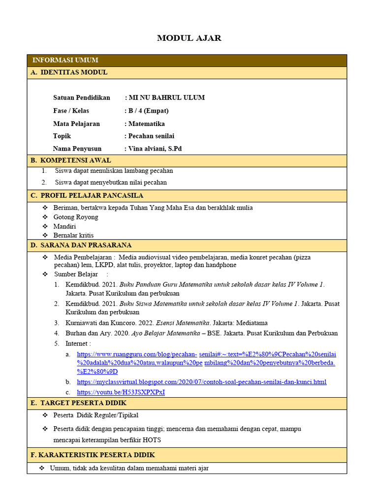 9789 Modul Ajar Matematika Kelas Iv Pecahan Senilai Pdf