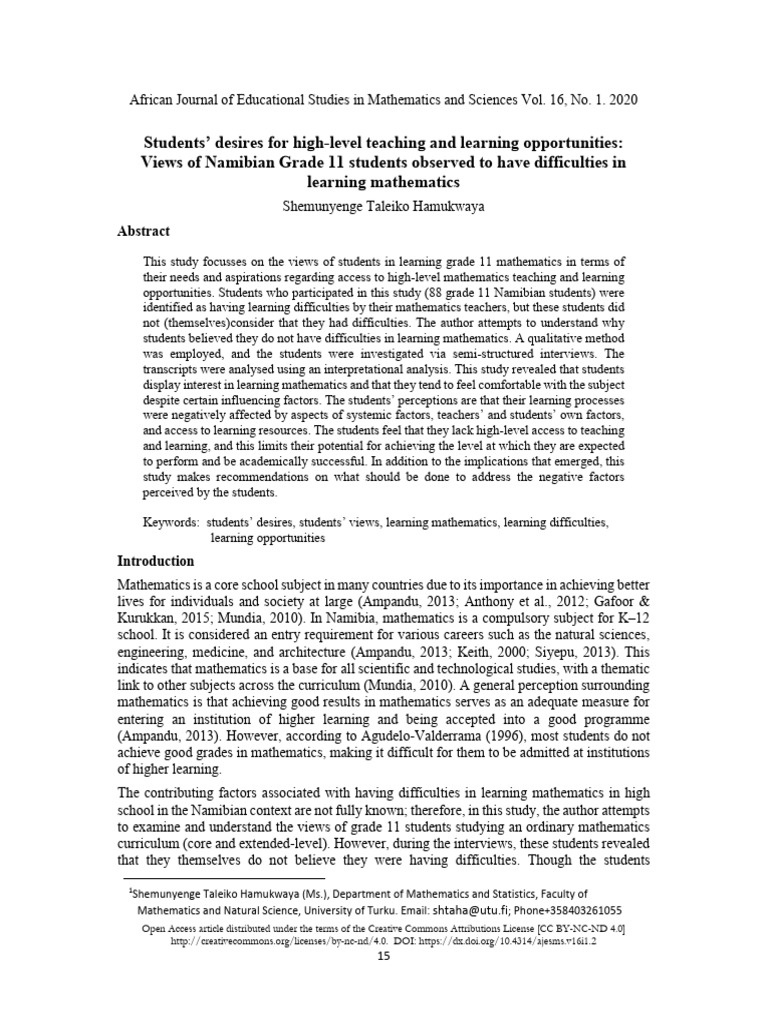 Namibian Students' Views on Math Learning | PDF | Methodology | Teachers