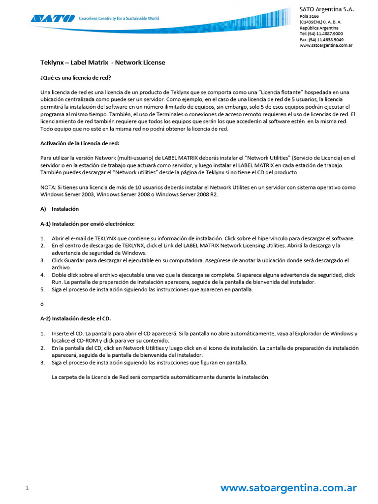 Teklynx Label Matrix Network License PDF Archivo de computadora