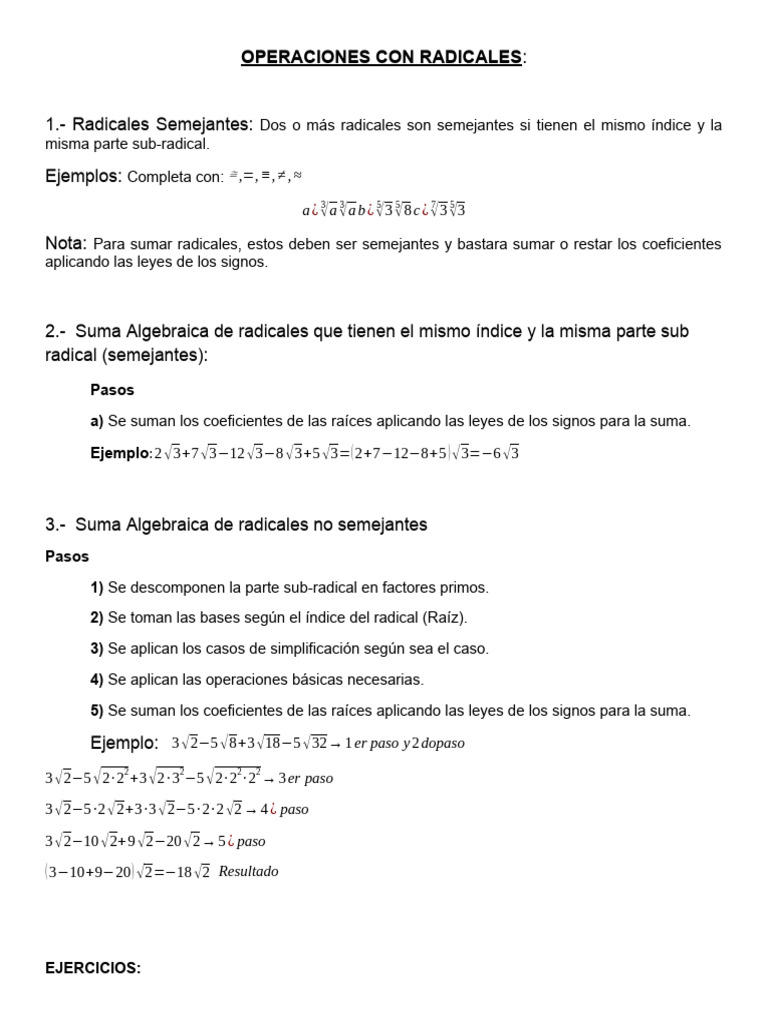 Operaciones Con Radicales Teoria Y Ejercicios Pdf Matemáticas