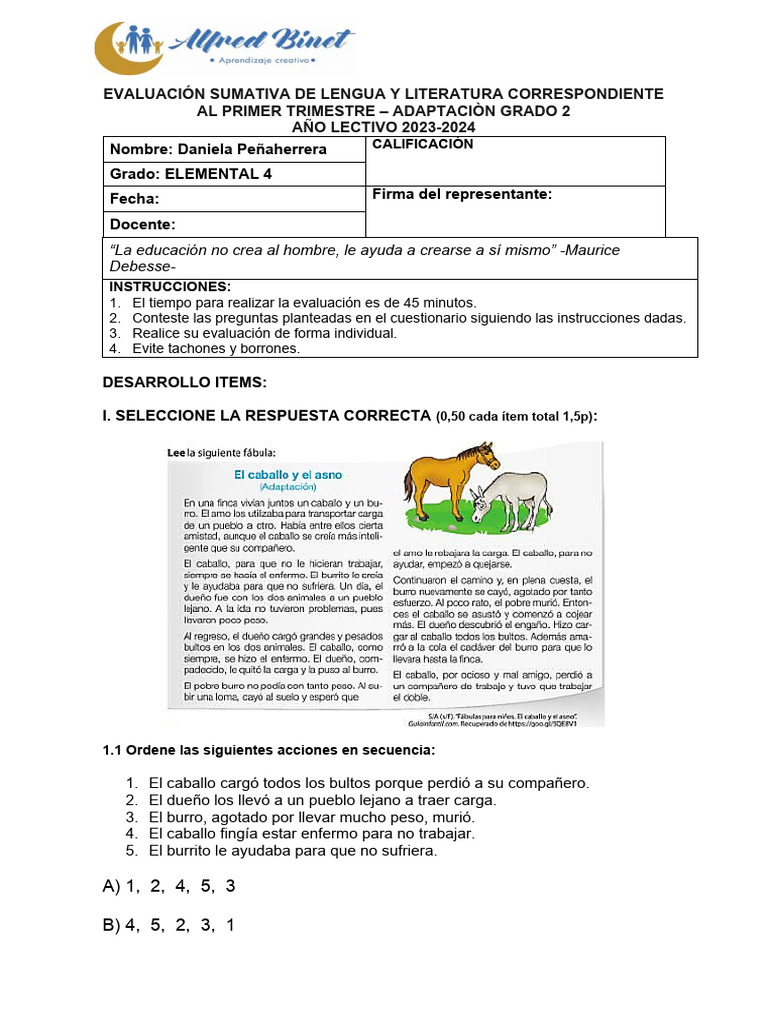 Evaluación Lengua y Literatura 4° Grado 2024 | PDF | Artes del Lenguaje ...